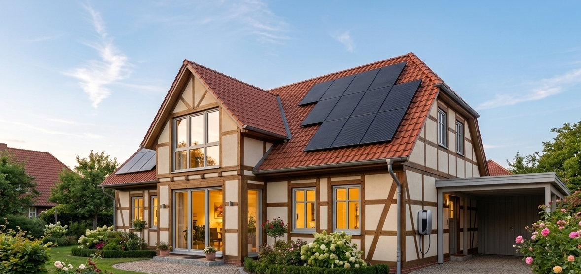 Energieberatung für Photovoltaik: Ein saniertes Fachwerkhaus mit Solaranlage auf dem Dach und Wallbox für E-Mobilität. 