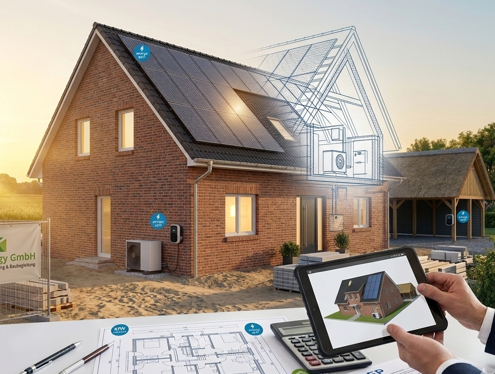 Optimierung der KfW-Förderung durch präzise Energieberatung: Ein Tablet zeigt das sanierte Hausmodell über den aktuellen Bauplänen.